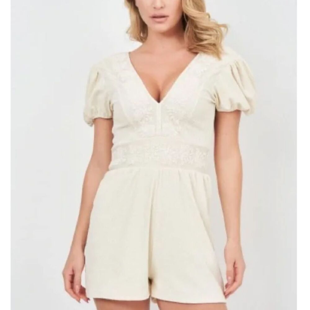 NWT Zara Cream Embroidered Romper Jumpsuit One Piece size Small Boho Chic Outfit